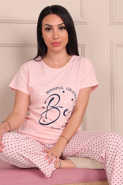 Kadın Sloganlı Altı Uzun Kısa Kol Penye Pijama Takımı SARI
