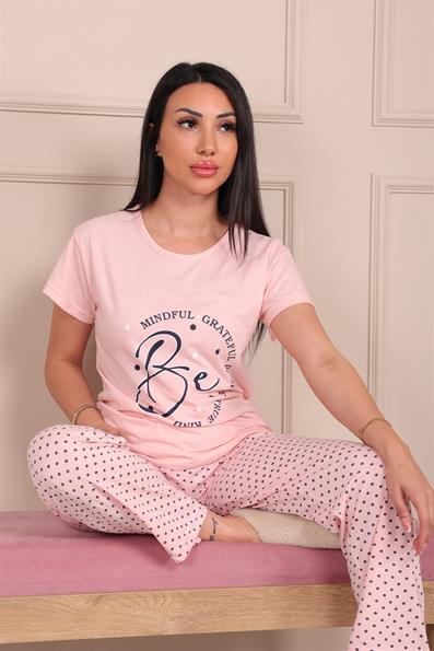 Kadın Sloganlı Altı Uzun Kısa Kol Penye Pijama Takımı SARI
