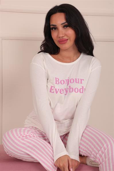 Kadın Sloganlı Bisiklet Yaka Uzun Kol Altı Uzun Penye Pijama Takımı