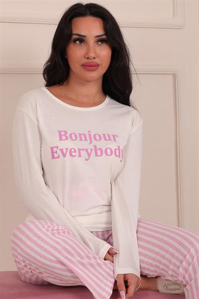 Kadın Sloganlı Bisiklet Yaka Uzun Kol Altı Uzun Penye Pijama Takımı