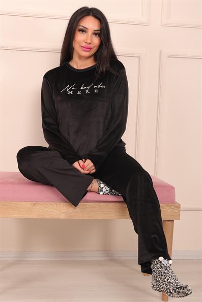Vanilla Halimun Velvet Pajama Set with Slogan BLACK