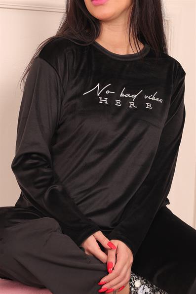 Vanilla Halimun Velvet Pajama Set with Slogan BLACK