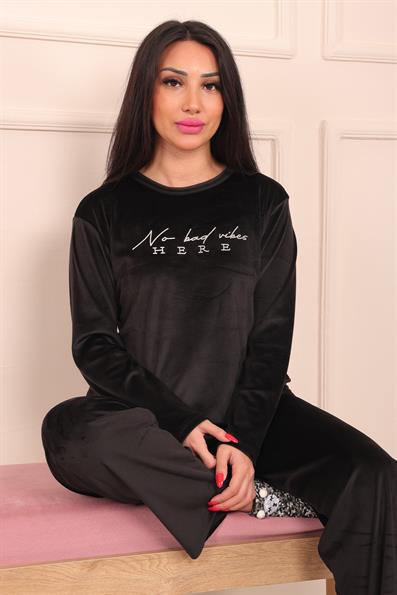 Vanilla Halimun Velvet Pajama Set with Slogan BLACK