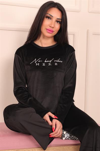 Vanilla Halimun Velvet Pajama Set with Slogan BLACK