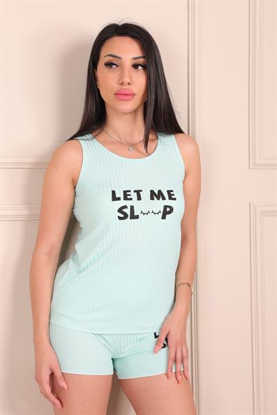 Kadın Sloganlı Kalın Askılı Şortlu Penye Pijama Takımı Bebe Mavisi