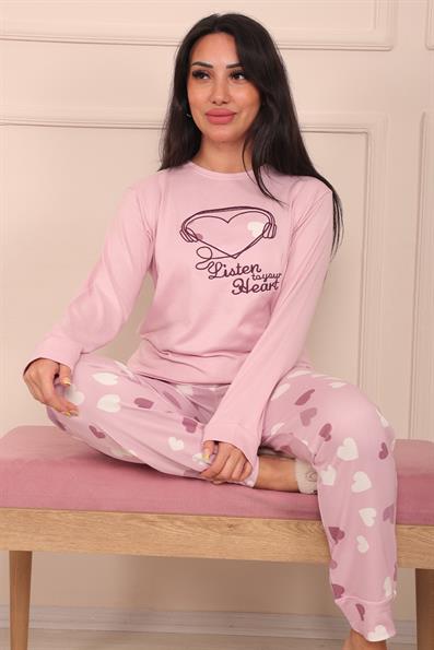 Kadın Sloganlı Kalp Desenli ve Altı Kalp Desenli Termal Pijama Takımı