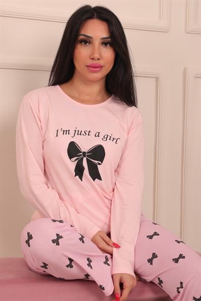 Kadın Sloganlı Kurdele Baskılı Bisiklet Yaka Uzun Kol Altı Uzun Penye Pijama Takımı