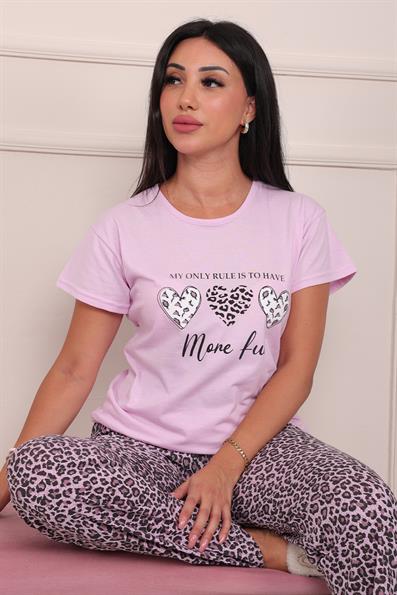 Kadın Sloganlı Leopar Desenli Kısa Kol Altı Uzun Penye Pijama Takımı Lila