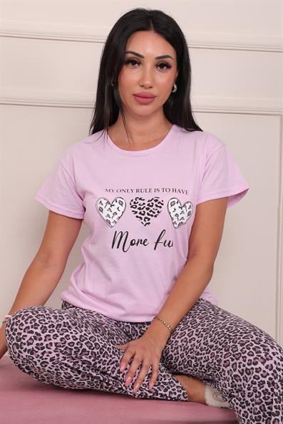 Kadın Sloganlı Leopar Desenli Kısa Kol Altı Uzun Penye Pijama Takımı Lila