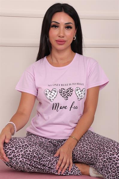 Kadın Sloganlı Leopar Desenli Kısa Kol Altı Uzun Penye Pijama Takımı Lila