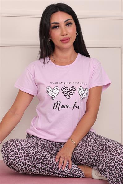 Kadın Sloganlı Leopar Desenli Kısa Kol Altı Uzun Penye Pijama Takımı Lila