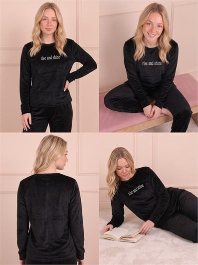 Kadın Sloganlı Manşetli Uzun Kollu  Kadife Pijama Takımı
