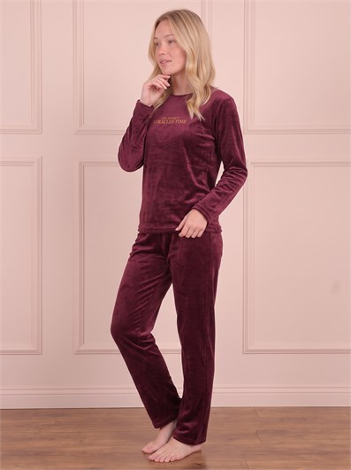 Kadın Sloganlı Uzun Kollu  Kadife Pijama Takımı