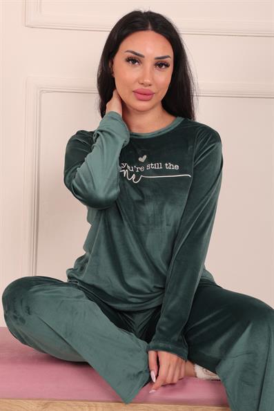 Kadın Sloganlı Uzun Kollu Kadife Pijama Takımı