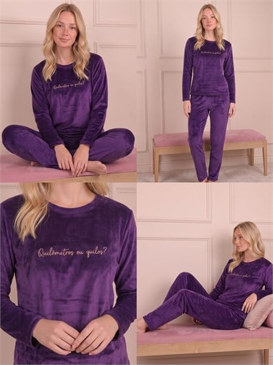 Kadın Sloganlı Uzun Kollu  Kadife Pijama Takımı