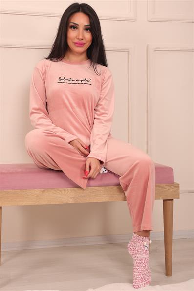 Kadın Sloganlı Uzun Kollu Kadife Pijama Takımı