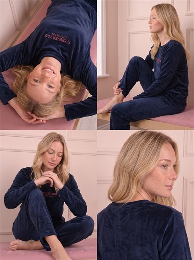 Kadın Sloganlı Uzun Kollu  Kadife Pijama Takımı