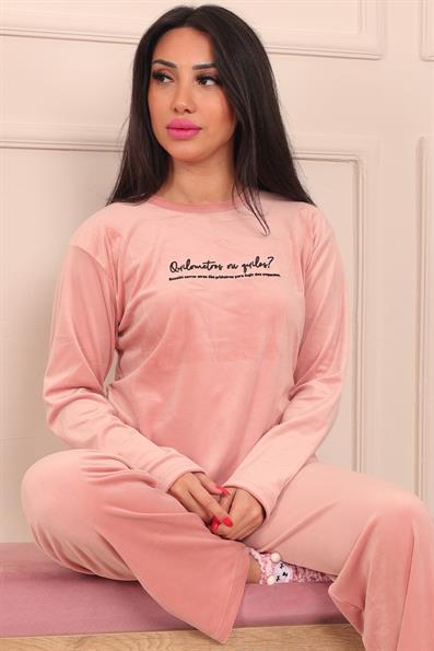 Kadın Sloganlı Uzun Kollu Kadife Pijama Takımı