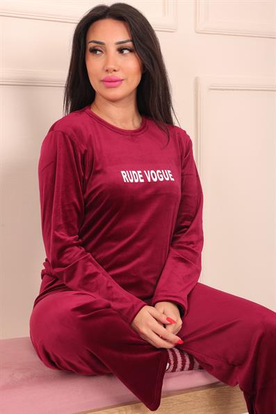 Kadın Sloganlı Uzun Kollu Kadife Pijama Takımı