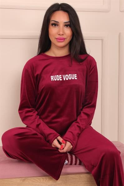Kadın Sloganlı Uzun Kollu Kadife Pijama Takımı