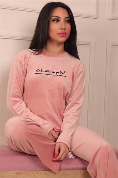 Kadın Sloganlı Uzun Kollu Kadife Pijama Takımı