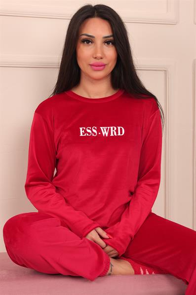 Kadın Sloganlı Uzun Kollu Paçası Manşetli Kadife Pijama Takımı