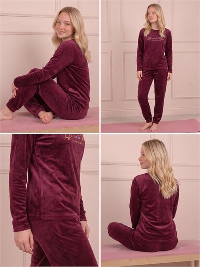 Kadın Sloganlı Uzun Kollu Paçası Manşetli Kadife Pijama Takımı