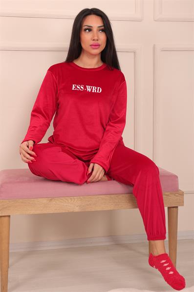 Kadın Sloganlı Uzun Kollu Paçası Manşetli Kadife Pijama Takımı