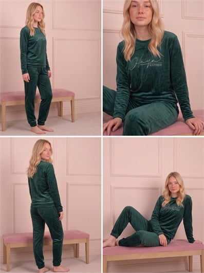 Kadın Sloganlı Uzun Kollu Paçası Manşetli Kadife Pijama Takımı