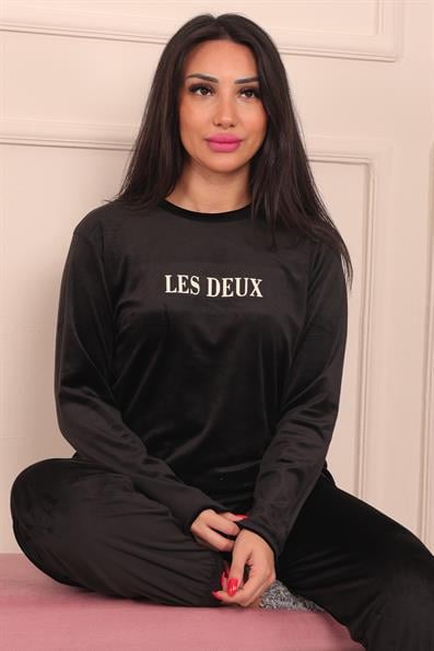 Kadın Sloganlı Uzun Kollu Paçası Manşetli Kadife Pijama Takımı