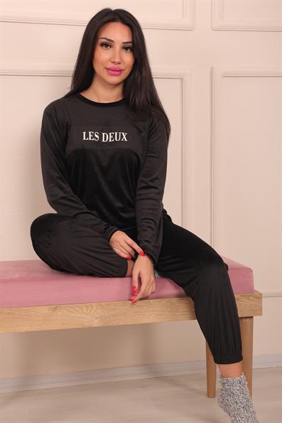 Kadın Sloganlı Uzun Kollu Paçası Manşetli Kadife Pijama Takımı