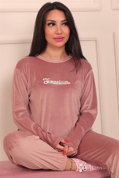 Kadın Sloganlı Uzun Kollu Paçası Manşetli Kadife Pijama Takımı