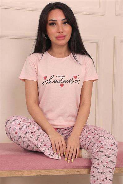 Kadın Sloganlı ve Altı Dady Slogan Desenli Penye Kısa Kol Pijama Takımı