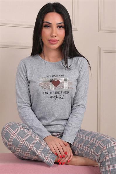 Kadın Sloganlı ve Altı Ekose Desenli Penye Pijama Takımı