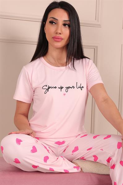 Kadın Sloganlı ve Kalp Desenli Bisiklet Yaka Kısa Kol Altı Uzun Pijama Takımı Pembe