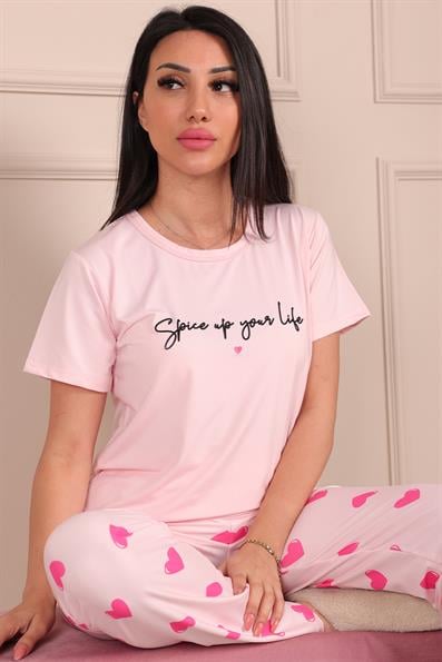 Kadın Sloganlı ve Kalp Desenli Bisiklet Yaka Kısa Kol Altı Uzun Pijama Takımı Pembe