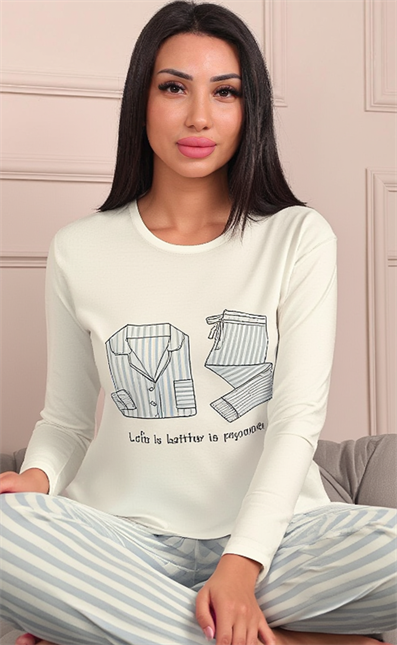 Kadın Sloganlı ve Pijama Desenli  Bisiklet Yaka Uzun Kol Altı Uzun Penye Pijama Takımı