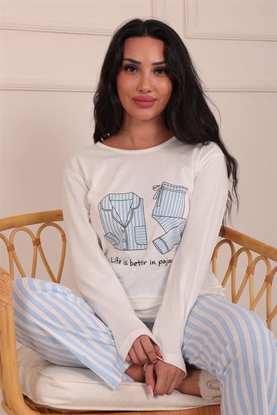 Kadın Sloganlı ve Pijama Desenli  Bisiklet Yaka Uzun Kol Altı Uzun Penye Pijama Takımı