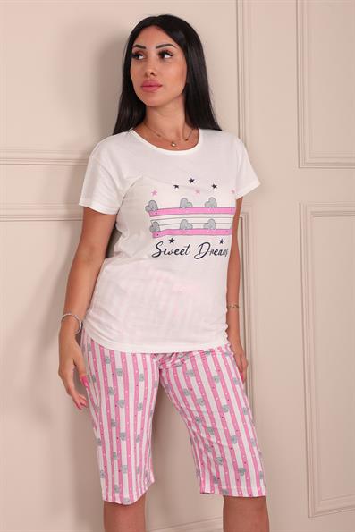 Kadın Sweet Dreams Sloganlı Bisiklet Yaka Kısa Kollu Altı Kapri Penye Pijama Takımı Beyaz