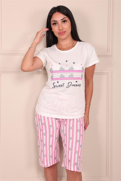 Kadın Sweet Dreams Sloganlı Bisiklet Yaka Kısa Kollu Altı Kapri Penye Pijama Takımı Beyaz