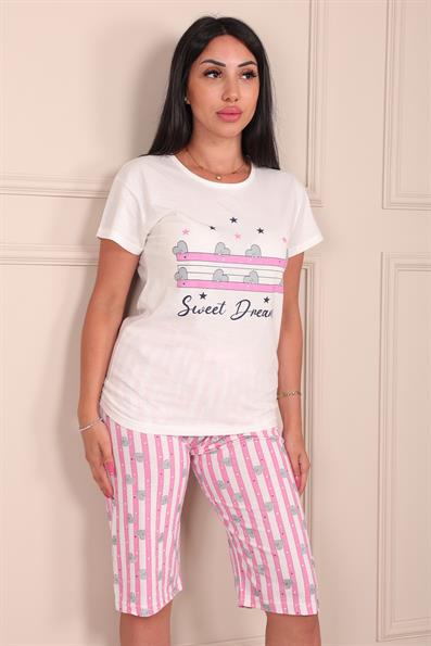 Kadın Sweet Dreams Sloganlı Bisiklet Yaka Kısa Kollu Altı Kapri Penye Pijama Takımı Beyaz