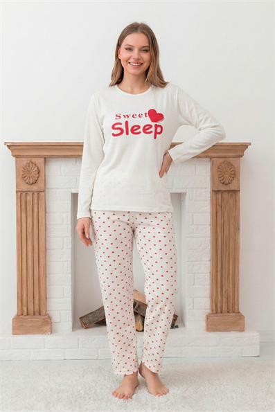 Kadın Sweet Sleep Sloganlı Altı Minik Kalp Desenli Bisiklet Yaka Uzun Kol Altı Uzun Penye Pijama Takımı