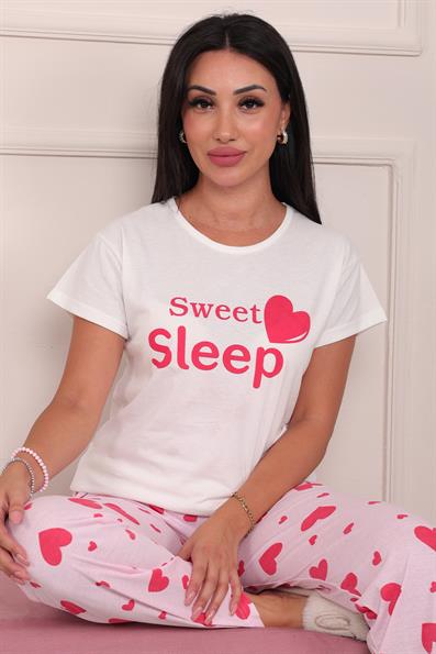 Kadın Sweet Sleep Sloganlı Bisiklet Yaka Kısa Kol Altı Uzun Penye Pijama Takımı Beyaz