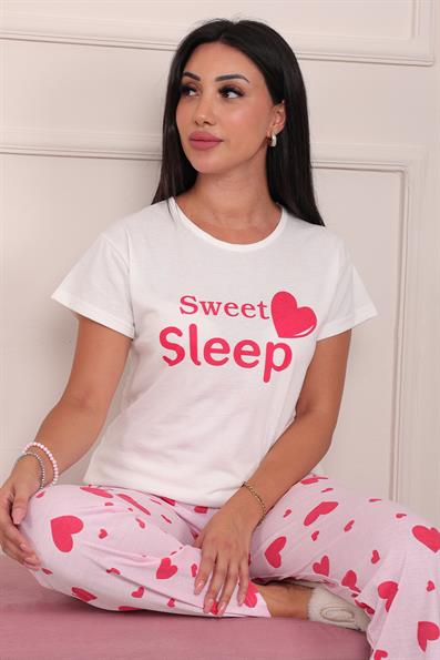 Kadın Sweet Sleep Sloganlı Bisiklet Yaka Kısa Kol Altı Uzun Penye Pijama Takımı Beyaz