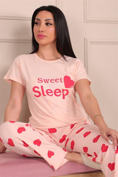Kadın Sweet Sleep Sloganlı Bisiklet Yaka Kısa Kol Altı Uzun Penye Pijama Takımı