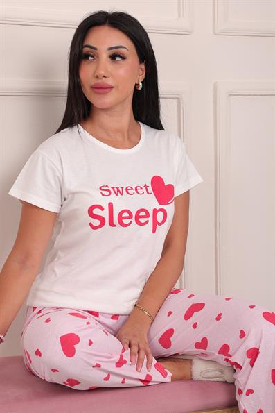 Kadın Sweet Sleep Sloganlı Bisiklet Yaka Kısa Kol Altı Uzun Penye Pijama Takımı Beyaz