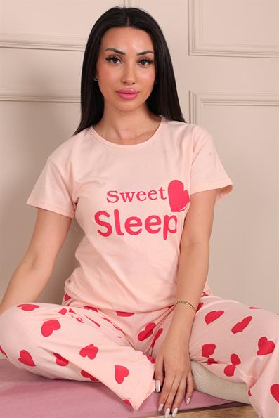 Kadın Sweet Sleep Sloganlı Bisiklet Yaka Kısa Kol Altı Uzun Penye Pijama Takımı
