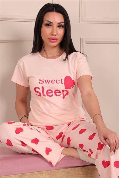 Kadın Sweet Sleep Sloganlı Bisiklet Yaka Kısa Kol Altı Uzun Penye Pijama Takımı