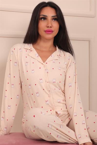 Kadın Tavşan Desenli Önü Düğmeli Uzun Kol Altı Uzun Milan Kumaş Pijama Takımı