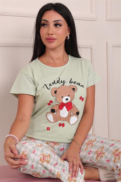 Kadın Teddy Bear Baskılı ve Sloganlı Kısa Kol Altı Uzun Penye Pijama Takımı Mint
